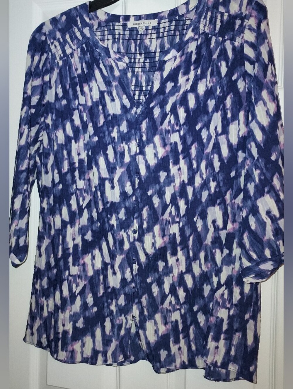 Rose and Olive Navy and White Printed V-Neck Women's Top